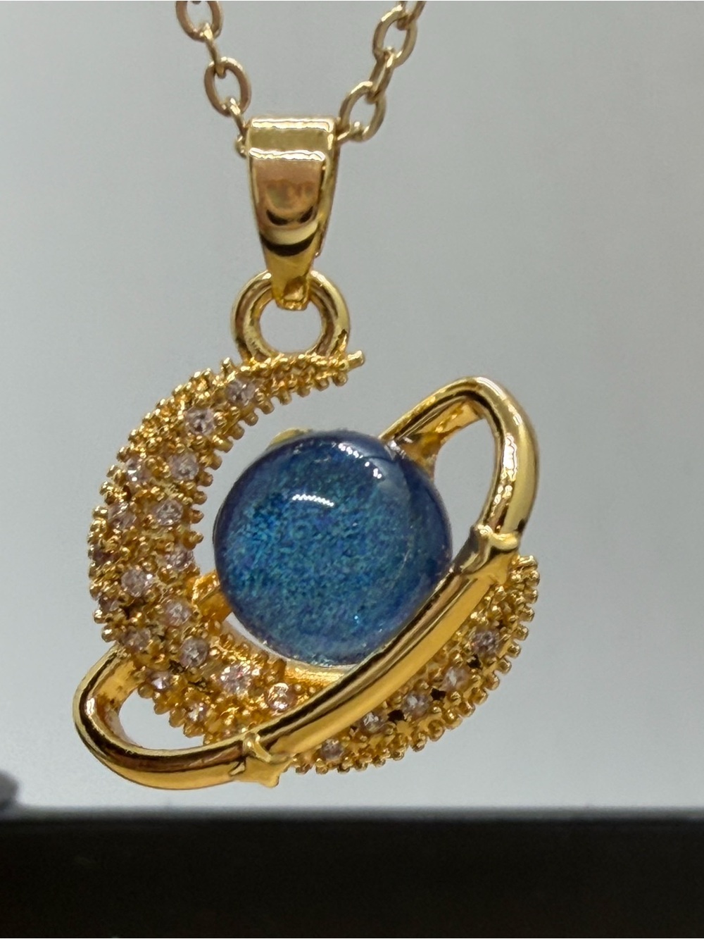 Gold-Tone Planet Pendant Necklace with Blue Glass Orb - Picture 2 of 3